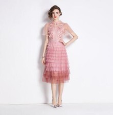 Womens Fashion Lace Mesh Embroidery Short Sleeve Short Sleeves Layered Dress