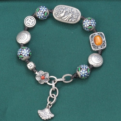 A22 Armband mit Vogel gelbem Bernstein Blüten auf Silberperlen Silber 925 - Bild 5 von 9