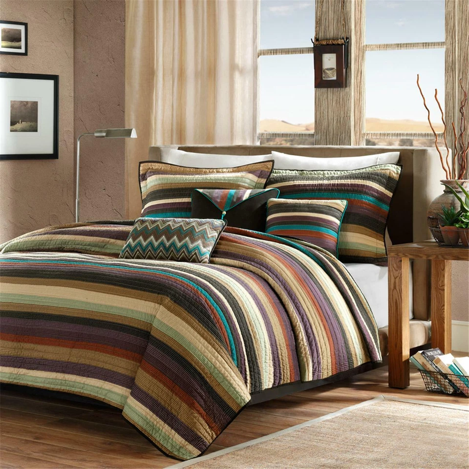 QUALITY NEW! ~ COZY SOUTHWEST CABIN LODGE PURPLE BLUE TEAL TAUPE GREEN STRIPE QUILT SET