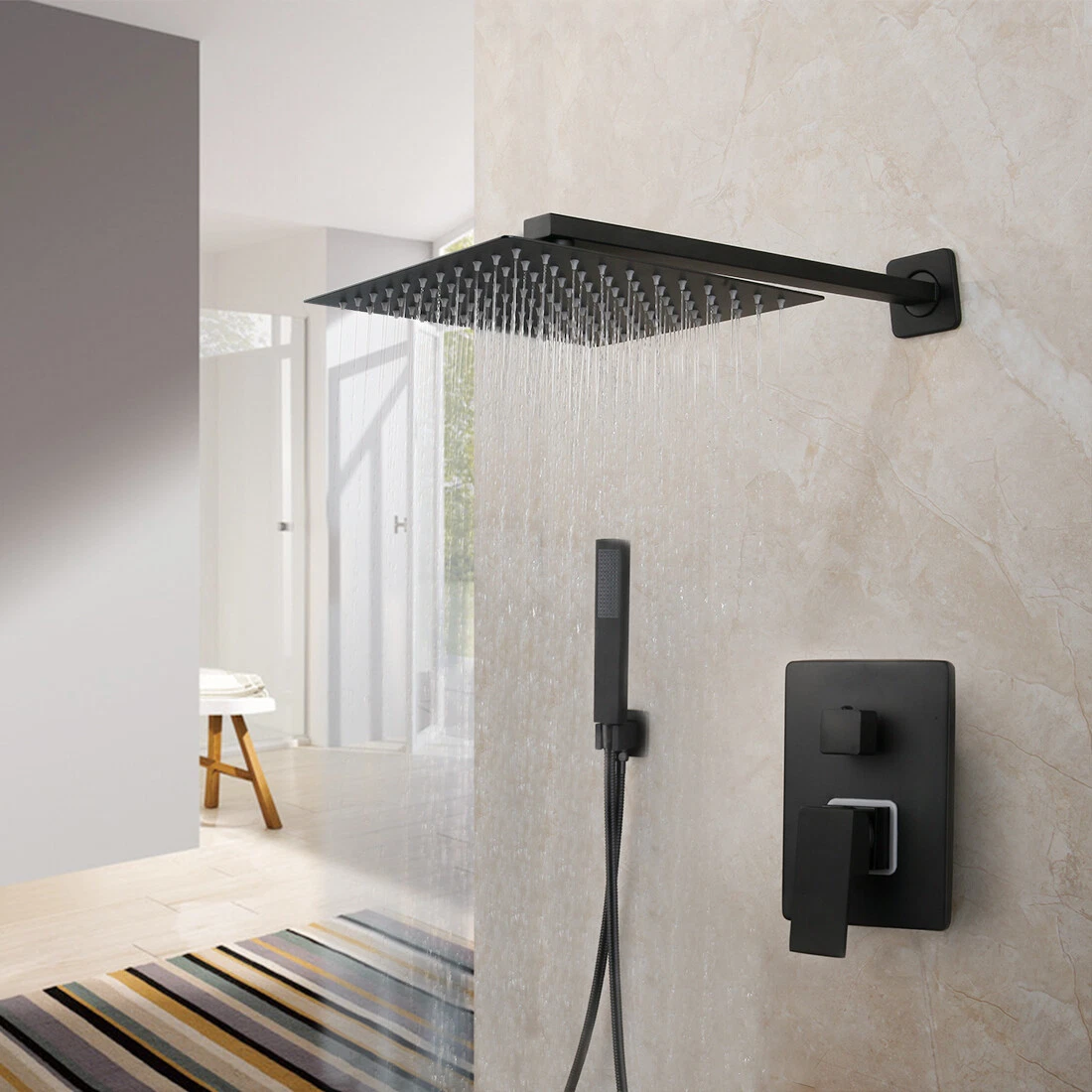 Sqaure Rain Shower Head 2-Way Mixer Handheld Shower Taps System Black Wall Mount