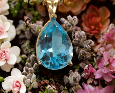 14k massives Gold 2ct Blautopas Träne Tropfen Halskette 18'' lang ANGEBOT - SPAREN SIE 450.  #2017