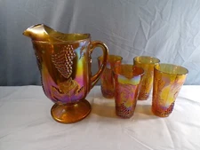 Indiana Marigold Carnival Glass Grape Harvest Water Set Pitcher & 4 Tumblers #3