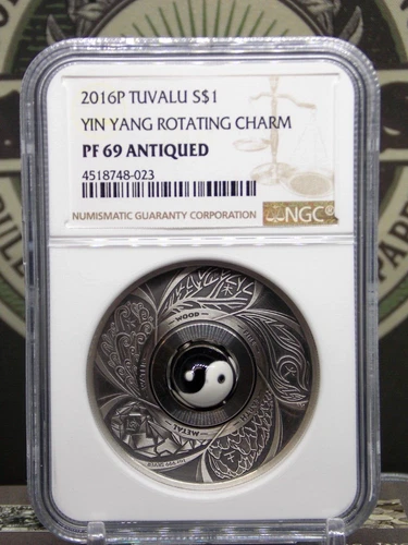2016 "P" Tuvalu YIN YANG Rotating Charm *ANTIQUED* 1oz Silver $1 NGC PF69 #023AR