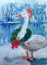 ACEO ORIGINAL oil painting  -  Christmas Goose - 2.5x3.5 in artist MK