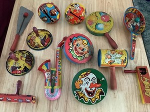 13 Vintage Tin Litho Noise Makers Metal Party Toy Rare Collection New Year's