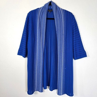 Ming Wang Cardigan Women's M Royal Blue White Open Knit Textural Classic Coastal