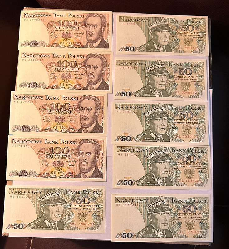 10 Poland Polish Paper Money: Six 50 Zlotych, Four 100 Zlotych -1988 -Excellent