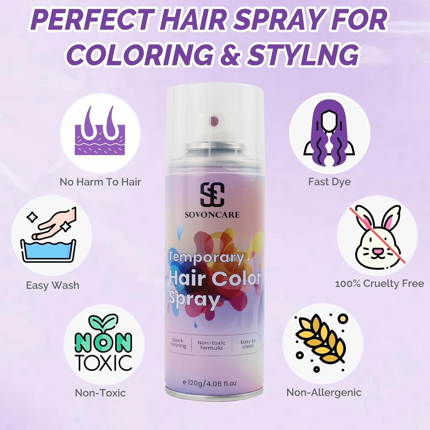Purple Temporary Hair Color Spray, SOVONCARE Natural Wax Dye # 