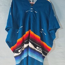 Authentic Handwoven Mexican Serape Poncho Blue Tribal Pattern Blanket Gaban One