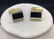 Vintage Americ Mens Gold Tone Costume Black Onyx Stone Cuff Links G460