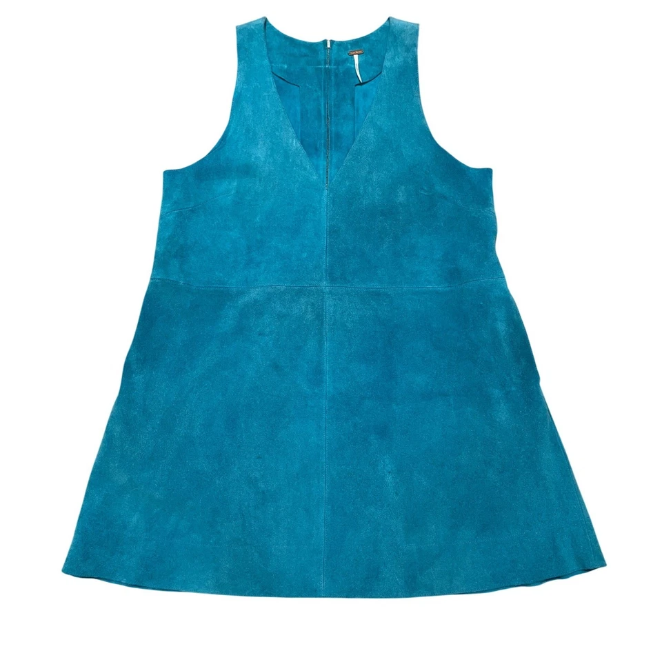 Free People Suede Mini Dress Size L Turquoise Blue Suede V Neck A Line Pockets - Image 2 of 4