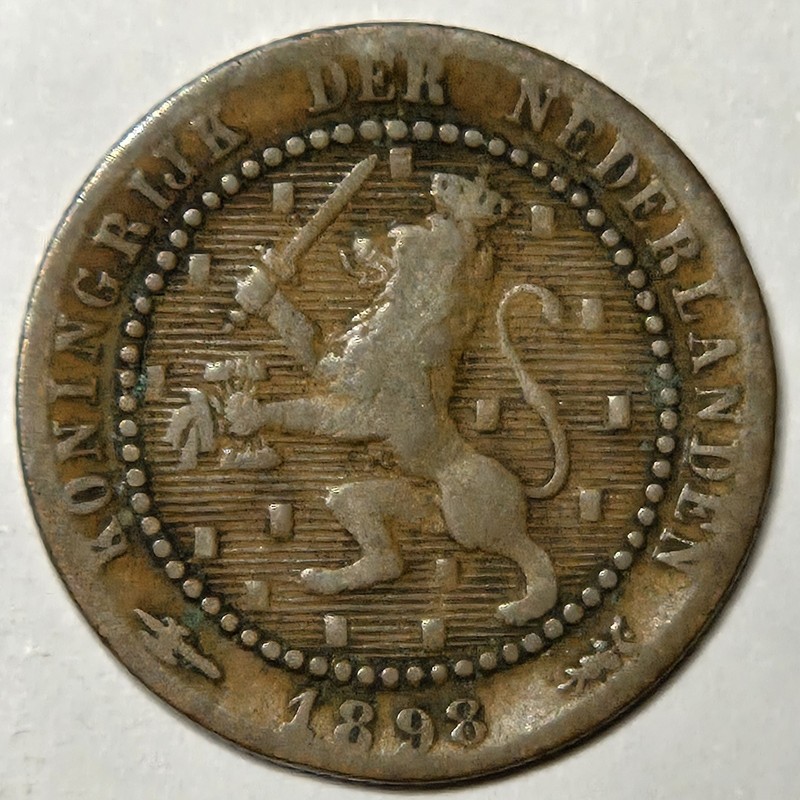 1898 NETHERLANDS 1 CENT KM-107.2 N-1070 ORIGINAL 19th CENTURY RAMPANT LION