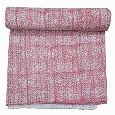 Indian Cotton Kantha Quilt Handmade Block Print Bedspread King Size Pink Throw