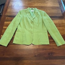 Talbots Irish Linen Blazer Lime Green 3 Button Patch Pocket Jacket Womens 12