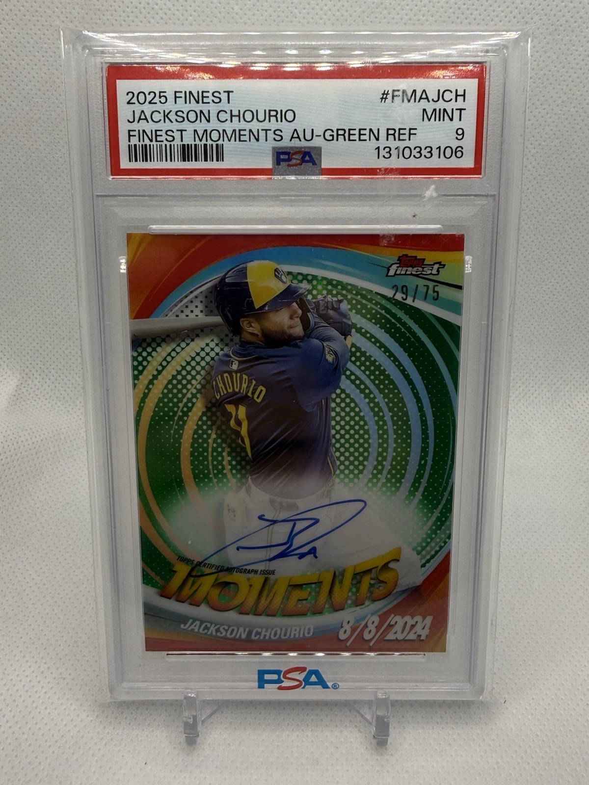 2025 Finest Jackson Chourio Moments Green Auto /75 PSA 9 Brewers