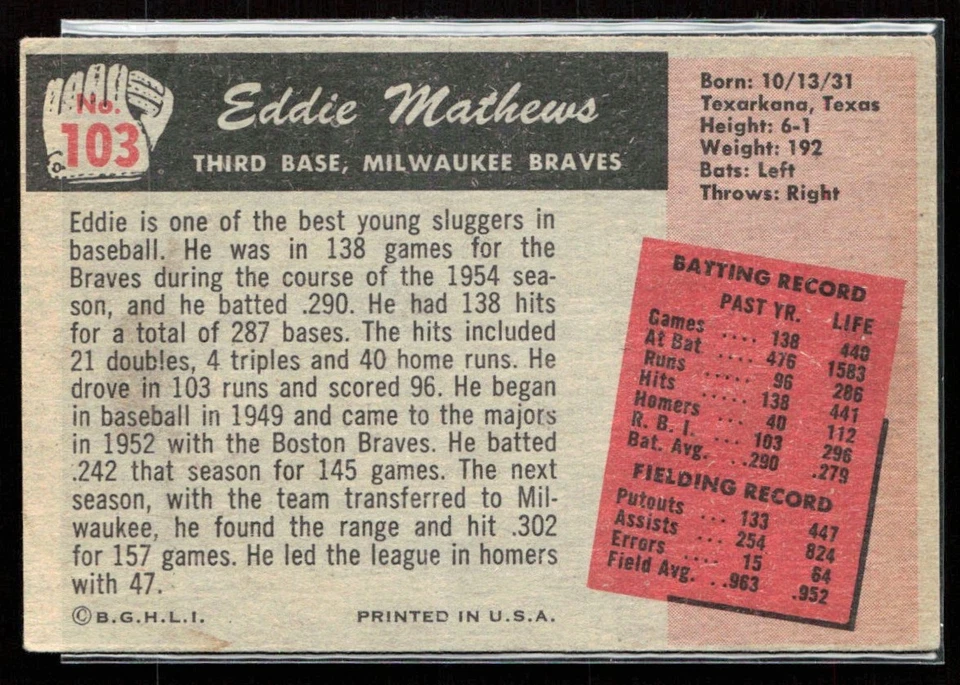 Eddie Mathews 1955 Bowman B #103 Milwaukee Braves Foto 2 de 2