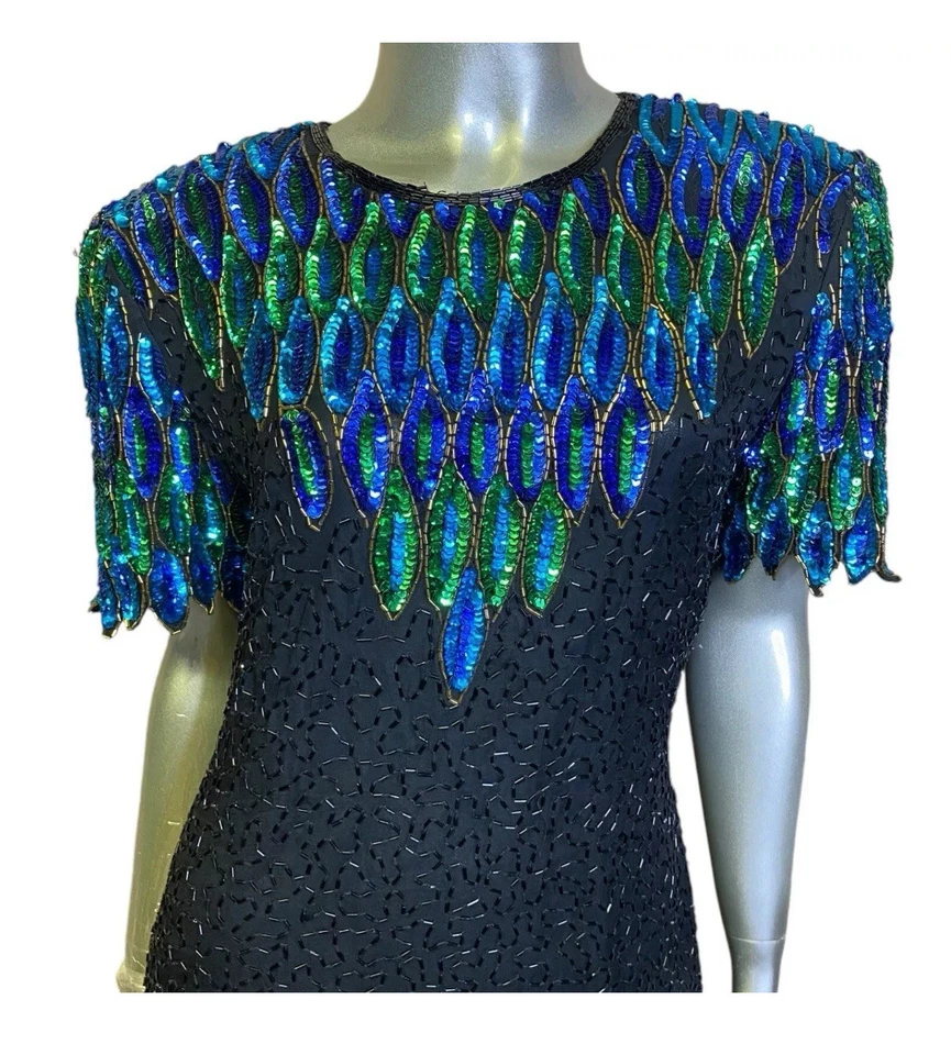 Stenay Vintage Dress 16 Sequins Silk Short Sleeve Beaded Peacock Design Cocktail - Image 2 of 4