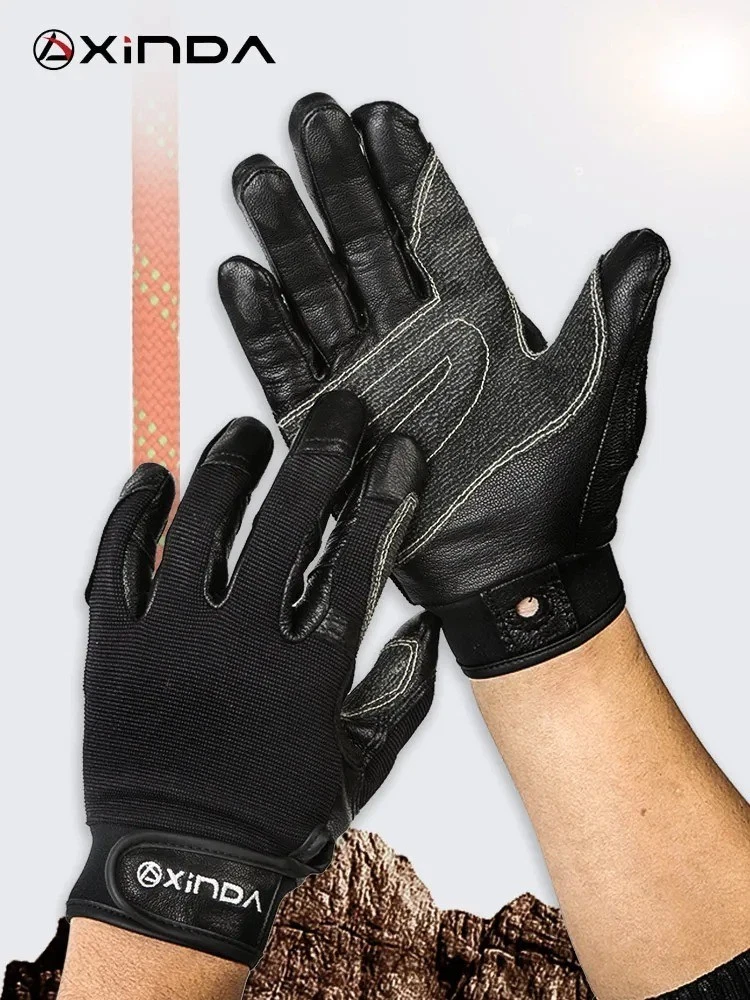 XINDA Full Finger Cowhide Climbing Gloves Rock Rappelling Downhill Hiking