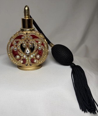 VTG Ashleigh Manor Jeweled Brass Toned Crystal Perfume Bottle With Atomizer