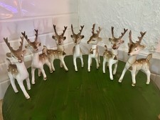 Vintage Plastic White  Gold Reindeer Swivel Head 1960's Hong Kong Set of 7