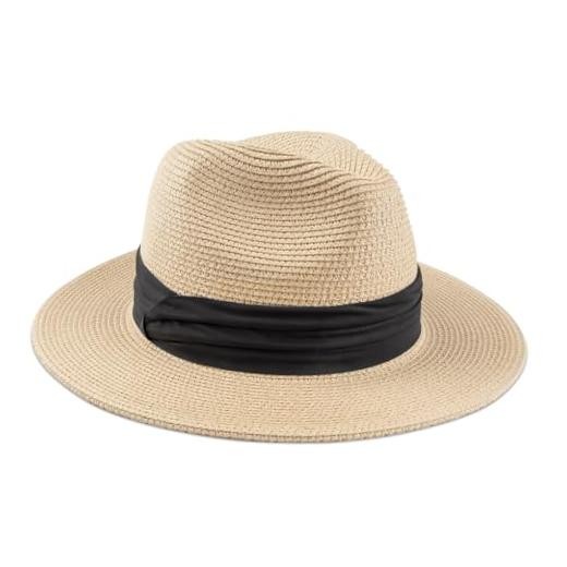 Summer Straw Fedora Hat for Women Men Travel Panama Hat with Beige A: 1 Pack