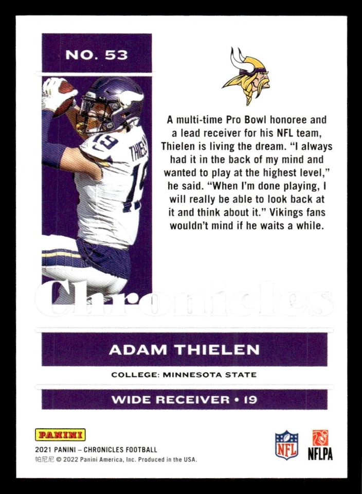 2021 Panini Chronicles #53 Adam Thielen - Image 2 of 2