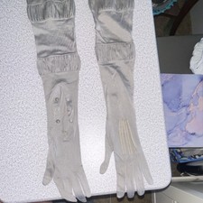 Gray Satin Long Evening Gloves with Button Detailing for Women Formal