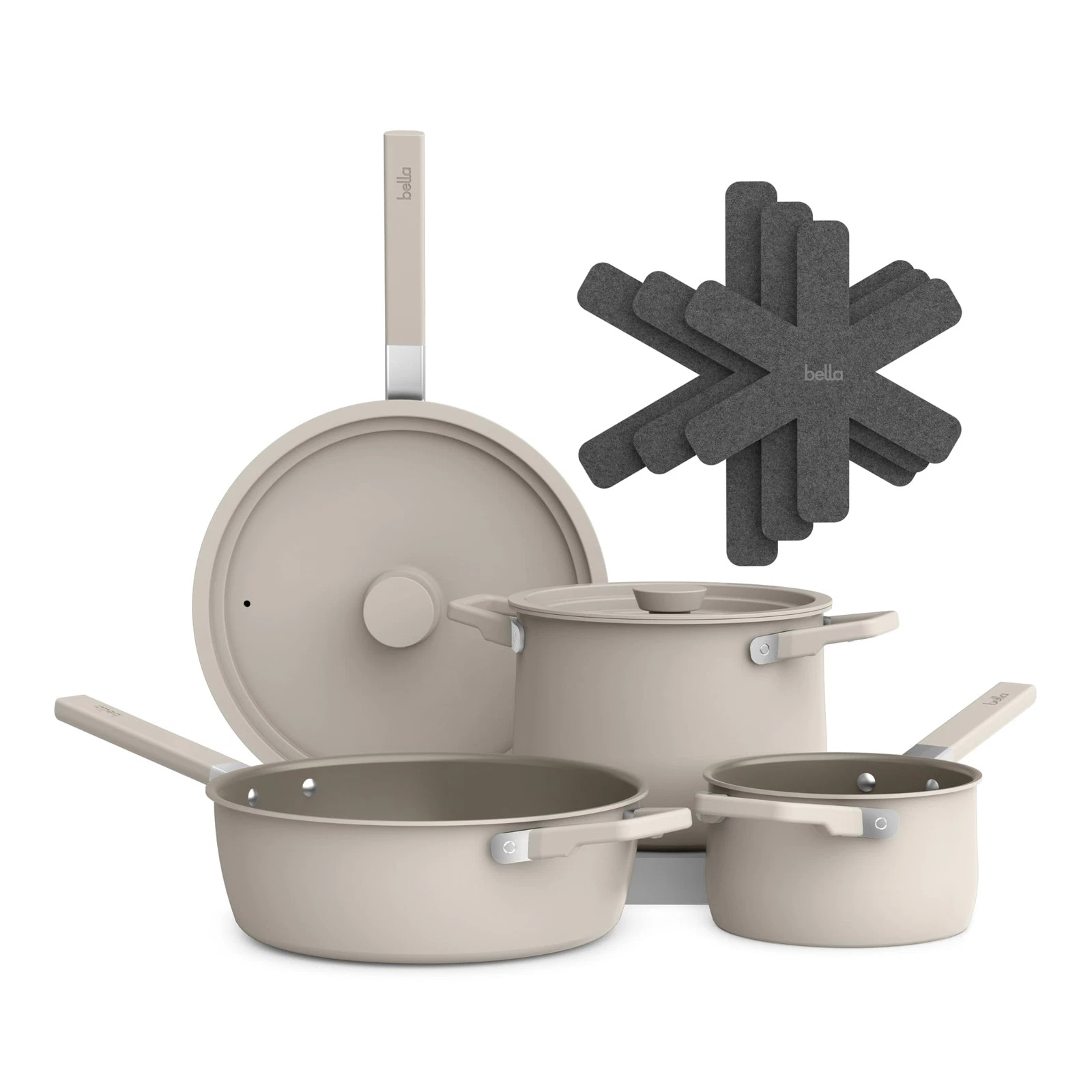 Bella 9 Piece Oatmilk Ceramic Nonstick Cookware Set Space Saving Versatile De...