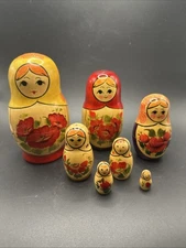 Vintage Russian Nesting Matryoshka Wooden Dolls Hand Painted Stacking Set Of 6