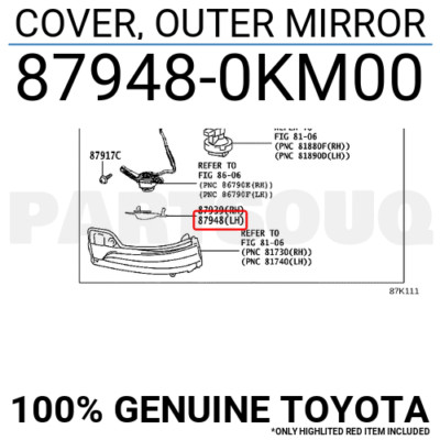 879480KM00 Genuine Toyota COVER, OUTER MIRROR 87948-0KM00 | eBay