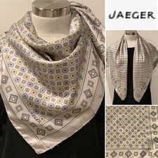 JAEGER Silk Twill Putty,Blue,Lemon Foulard Scarf 88x88cm Handroll Hem,Made Italy