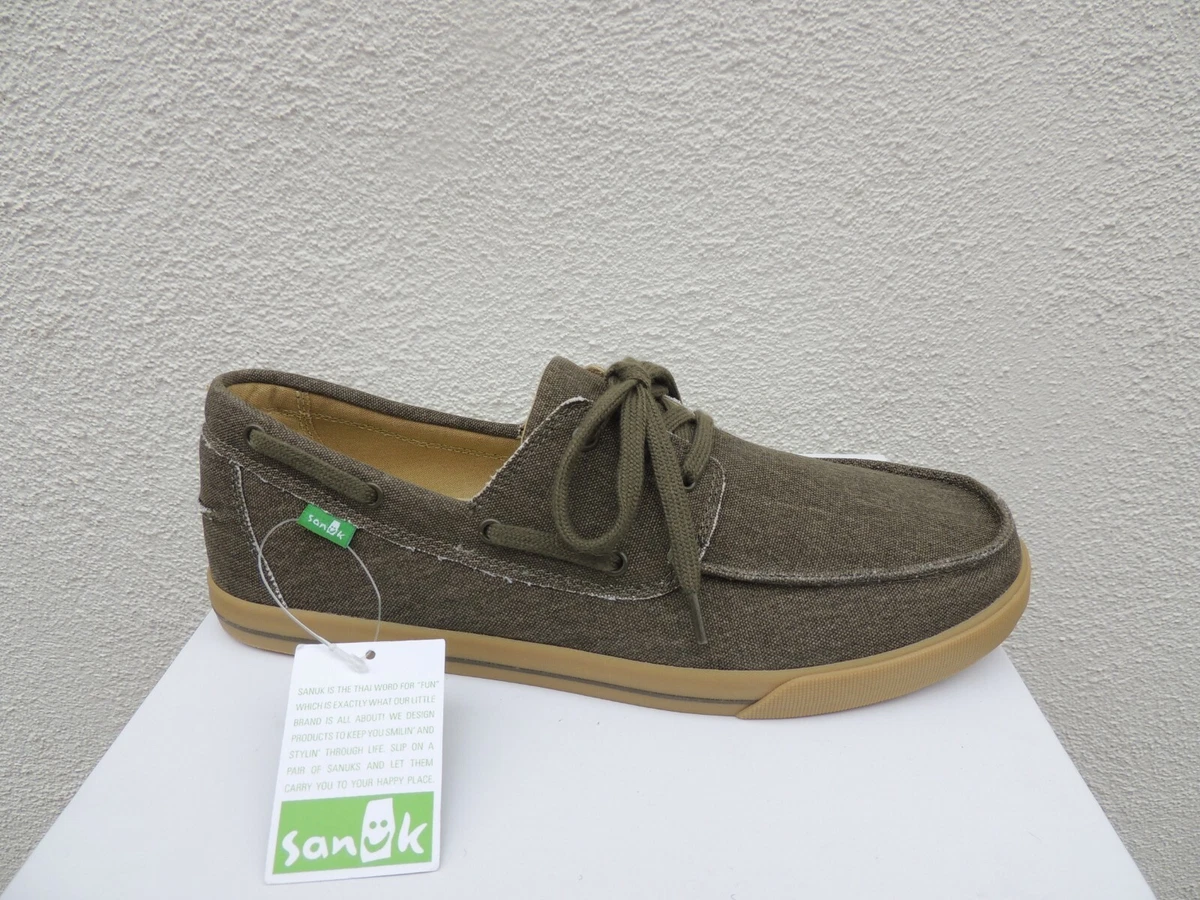 SANUK THE SEA MAN ARMY GREEN SIDEWALK SURFER LACE UP BOAT SHOES