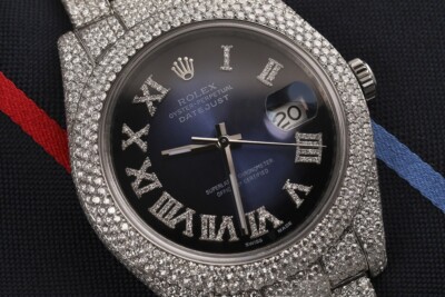Rolex Datejust II 116300 Blue Vignette Roman Numeral Dial SS Fully Iced Out 41mm