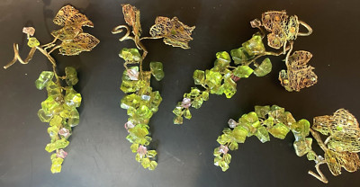 Clear Shiny Green Pink Acrylic Grape Bunches Set of 4 Gold Netted Leaves