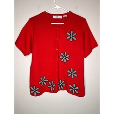 1990s Marisa Christina Bright Red Gingham Flowers Kidcore Teacher Cardigan L