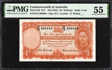 Australia 10 TEN Shillings P25d R15 1952 Coombs Wilson PMG55 aUNC Banknote Note