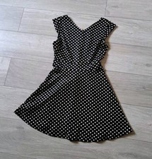 MELA LOVES LONDON Black Spotted Stretch Flared Dress Polka Dot Smart Casual UK8