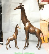 39.3'' Old Chinese Pure Bronze Chang Jinglu Giraffe Deer Animal Statue Pair