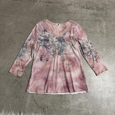 One World Y2K Graphic Cross Women’s 3/4 Sleeve Layered V-Neck Top (Size L)