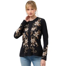 Johnny Was Raw Corinthe Tee Long Floral Embroidered Cotton Shirt Black Top NEW