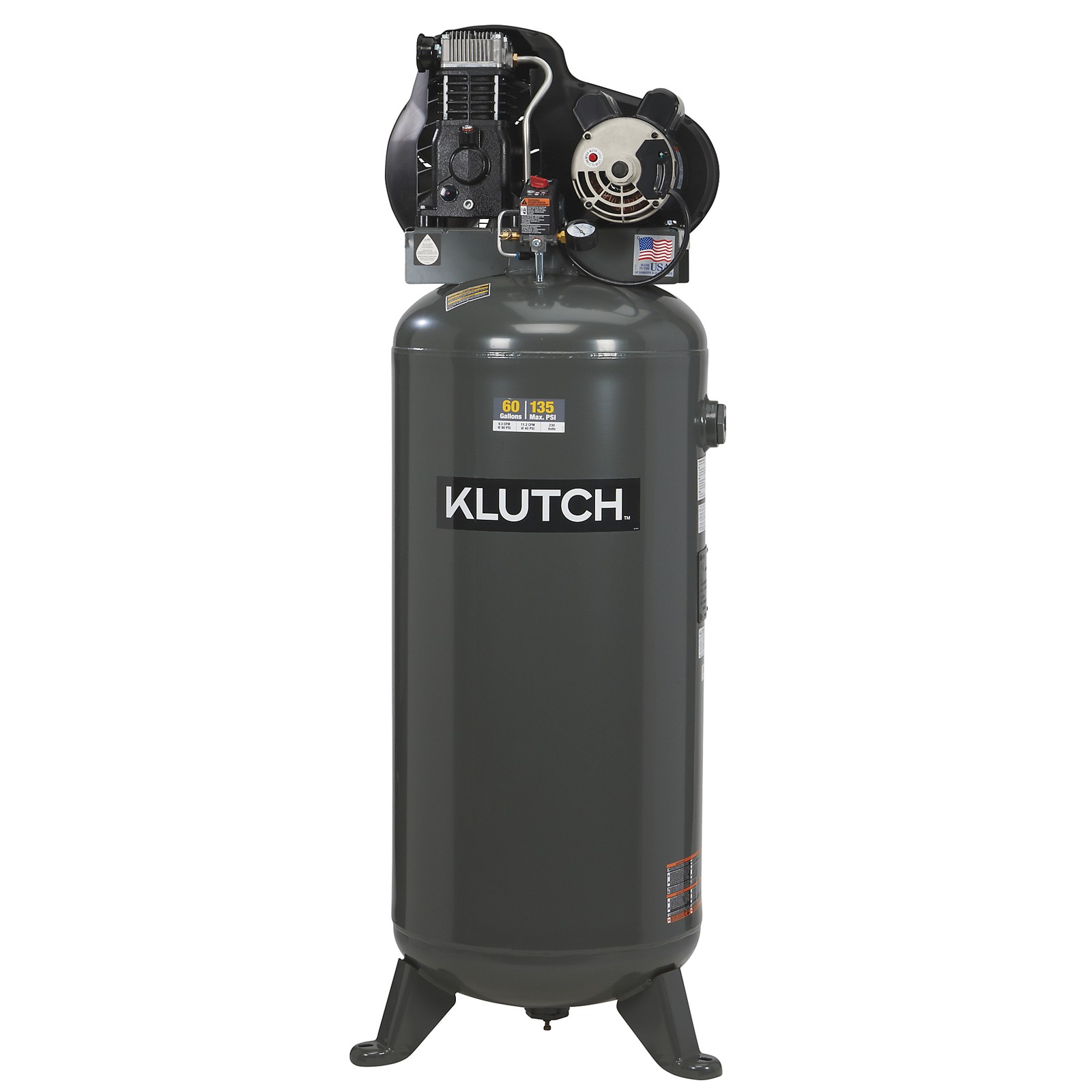 Klutch 60-Gallon Single-Stage Vertical Air Compressor, 3.7 HP, 230 Volts