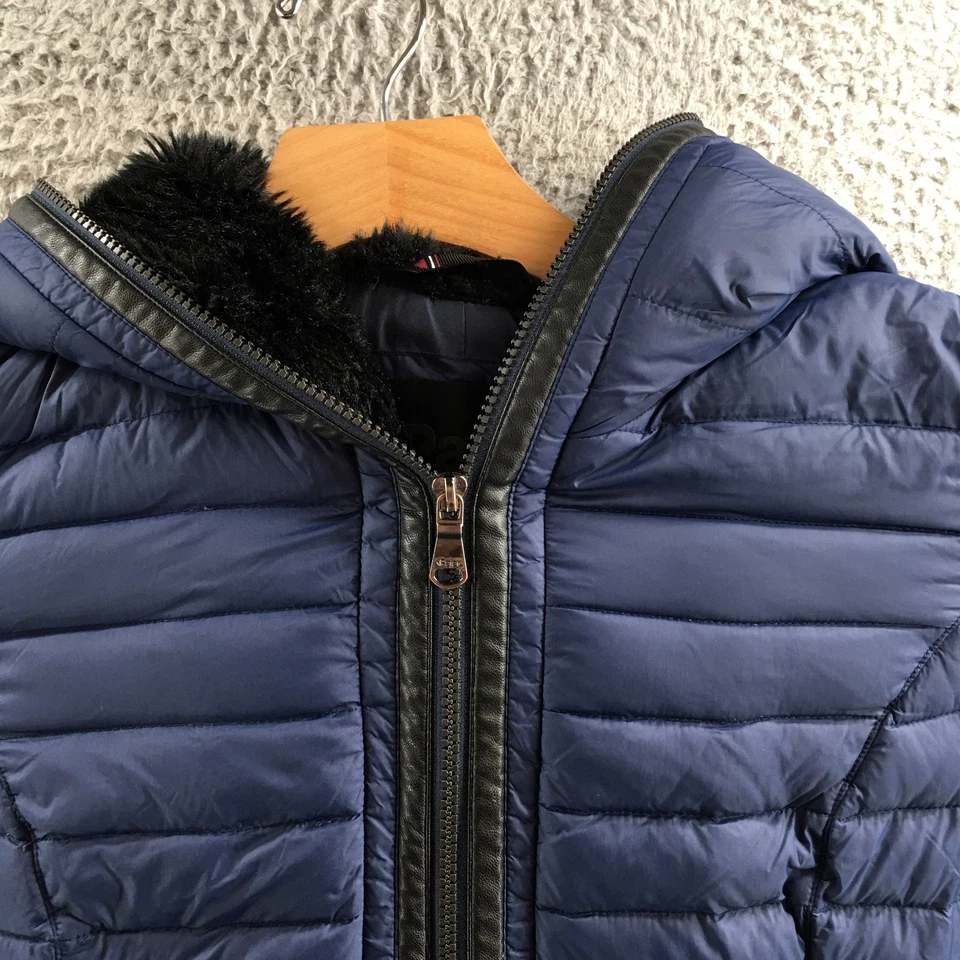 Abrigo chaqueta acolchada acolchada con capucha Pajar Canadá pequeño azul ribete de piel sintética Foto 3 de 4