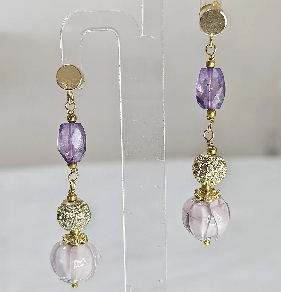 Orecchini in argento 925, ametista e vetro di Murano - Immagine 2 di 4