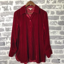 John Mark Top Womens Medium Red Velvet Button Shirt Blouse Dressy Career Holiday