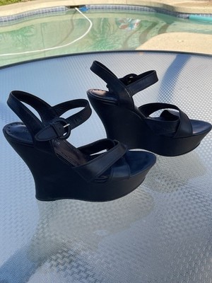YSL Yves Saint Laurent 39 Black Wedge Platform Sandals
