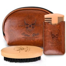 Boar Bristle Beard Brush Wooden Mustache Comb Set Leather Travel Pouch Case