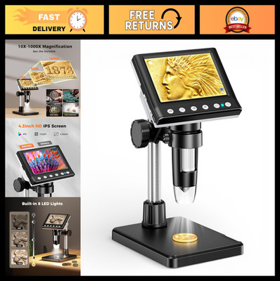 4.3'' LCD Digital Coin Microscope 1000X USB Magnifier, 8 LED Lights, 1080P for Re