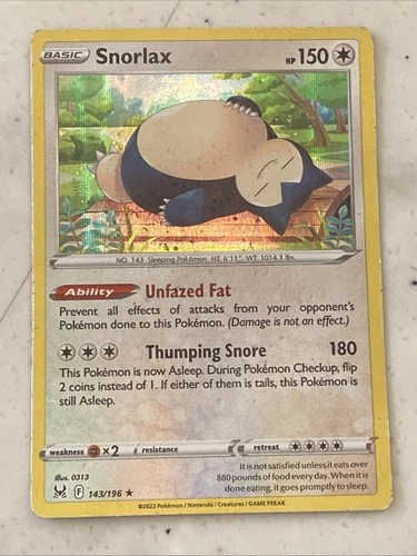 Snorlax Holographic Rare 142 143/196 Lost Origin Pokémon Card TCG Played