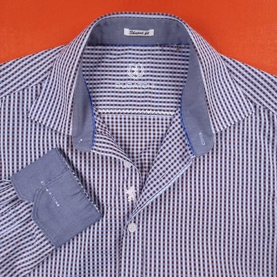Bugatchi Men's Large Contrast Flip Cuffs Button-Up Shirt Blue Burgundy Check