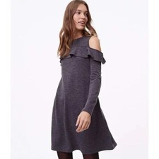 LOFT GRAY RUFFLED COLD SHOULDER 3/4 SLEEVES SWING TRAPEZE DRESS Size L New!
